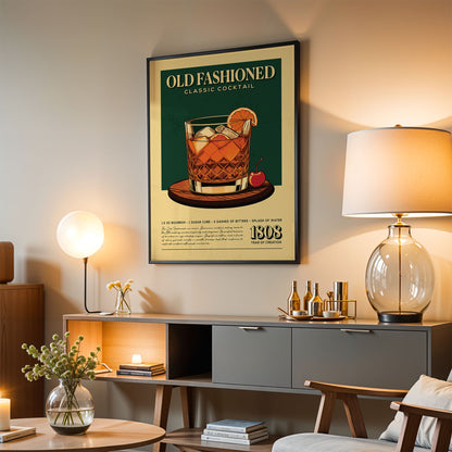 a poster of an old-fashioned cocktail hanging on a wall in a living room.