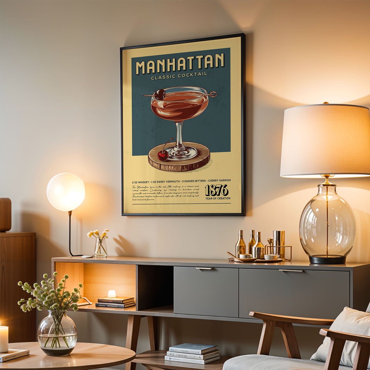 a poster of a Manhattan cocktail hanging on a wall in a living room.