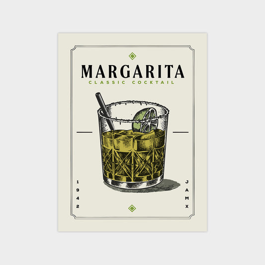 The image is a graphic design of a Margarita cocktail, featuring a glass filled with the drink and garnished with a lime slice.