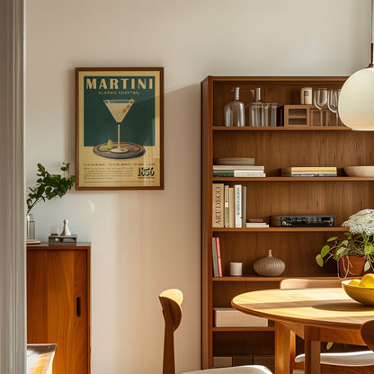 a cozy living room with a framed poster of a martini glass on the wall, a wooden bookshelf filled with books and various knick-knacks, and a wooden dining table with chairs.