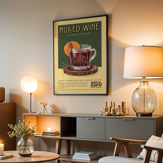 a poster of a muged wine cocktail hanging on a wall in a living room setting.