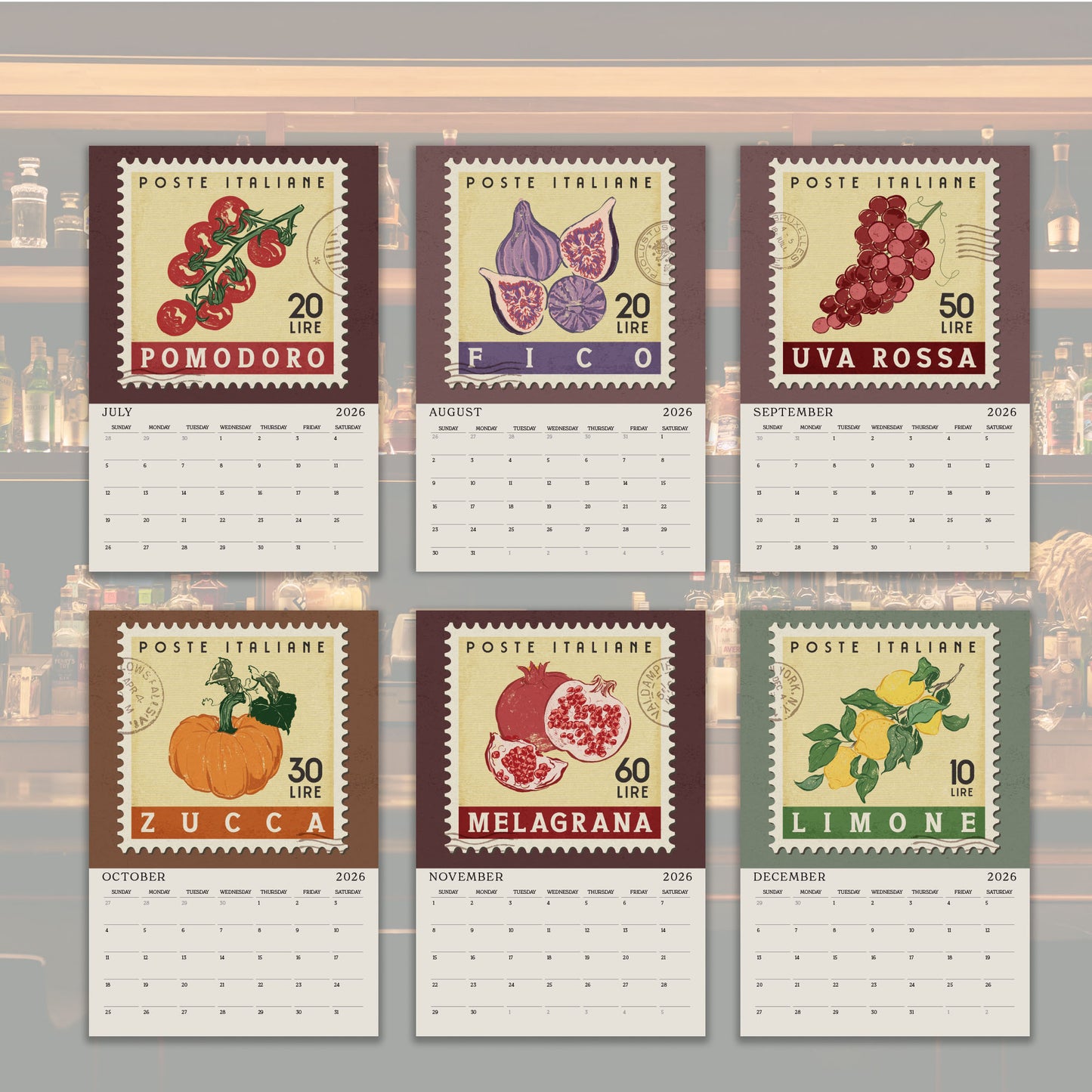 six calendar pages featuring various fruits and vegetables, including tomatoes, pomegranates, grapes, lemons, and limes, each with a different postage stamp design.