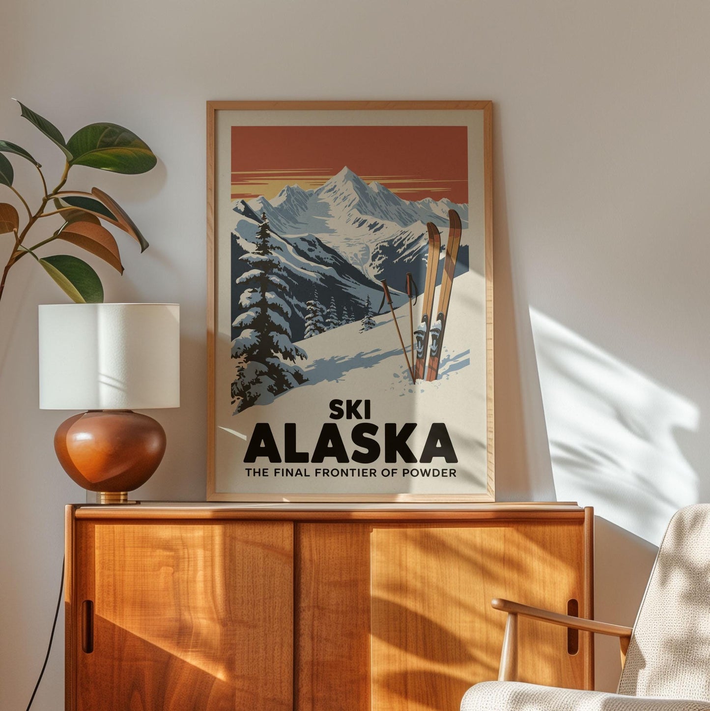 A framed poster of a snowy mountain landscape with skis, hanging on a wall above a wooden cabinet.