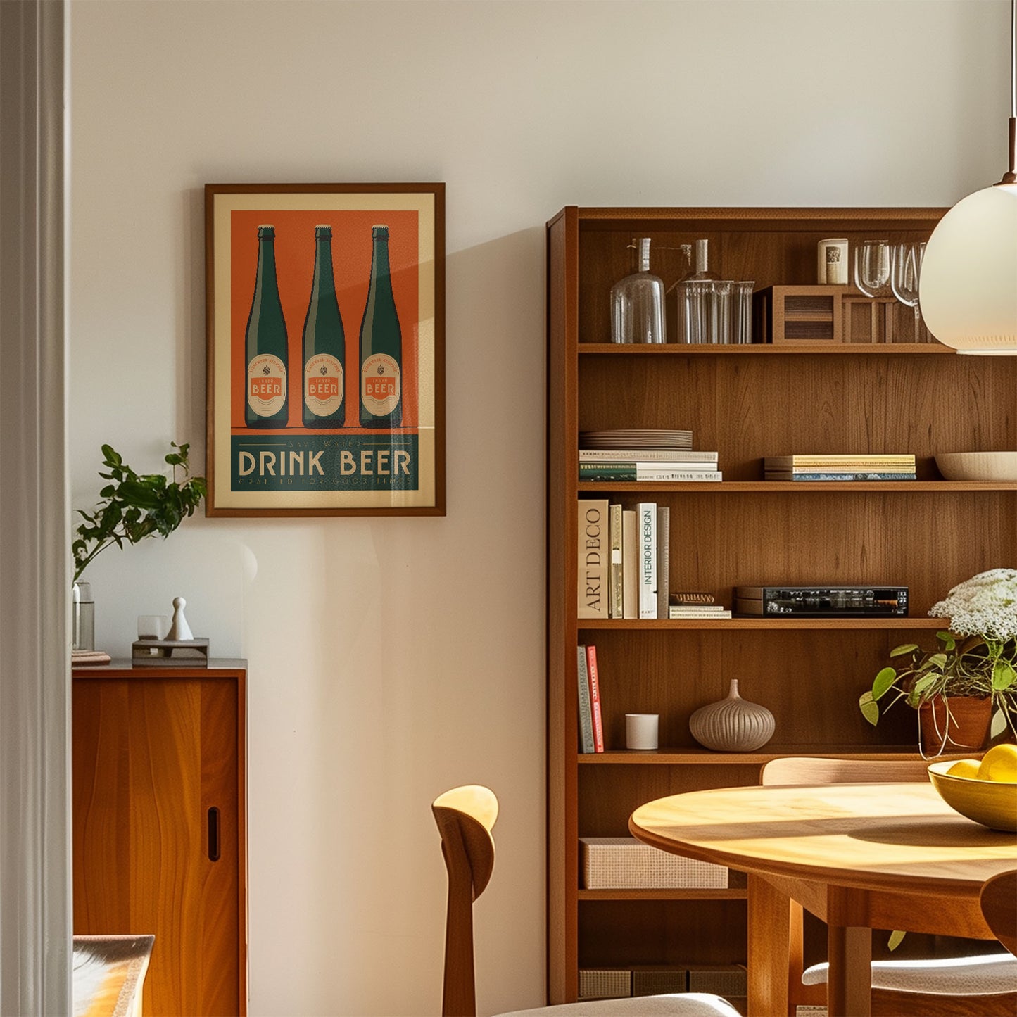 a cozy living room with a wooden bookshelf, a framed poster of beer bottles, and a wooden cabinet. The room has a warm and inviting atmosphere, with a dining table and chairs in the foreground.