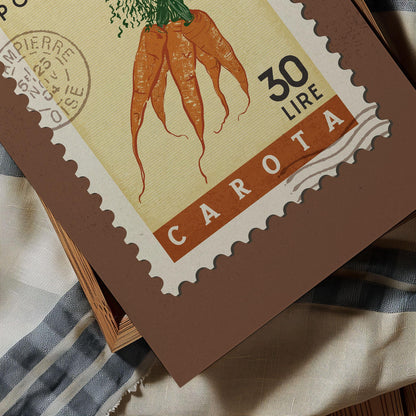 a close up of a stamp with a carrot on it