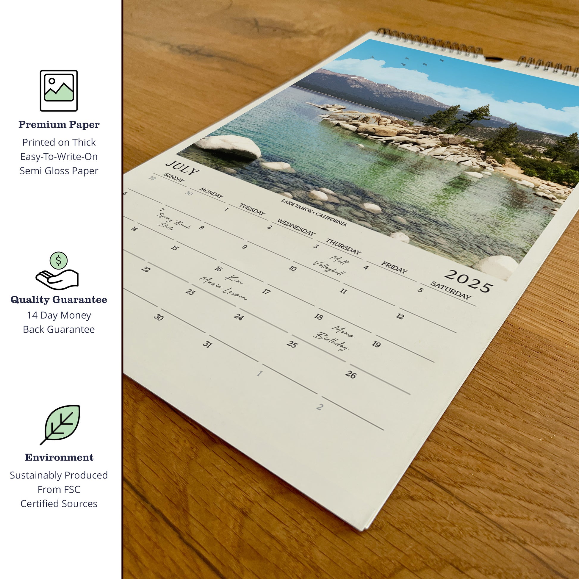 a calendar with a picture of a lake on it