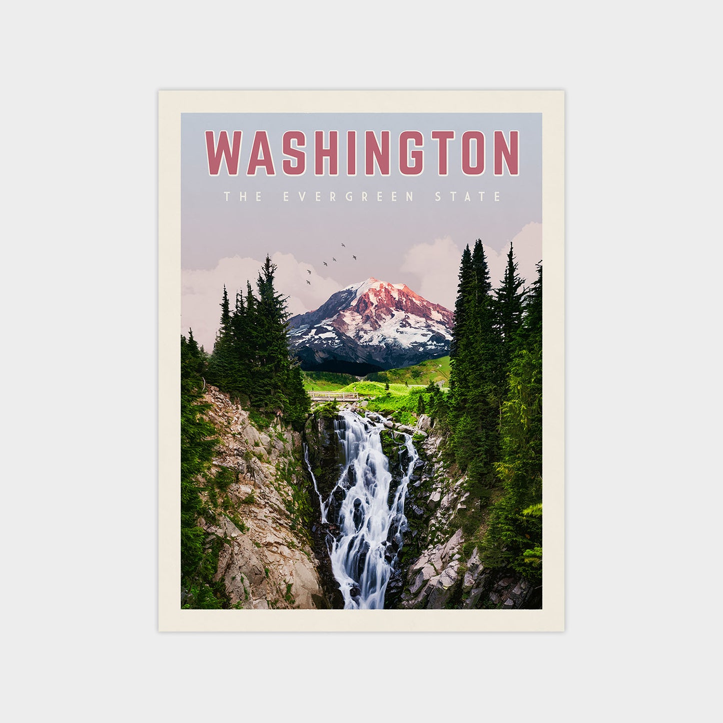 A poster of Washington State featuring a waterfall surrounded by pine trees and a mountain in the background.
