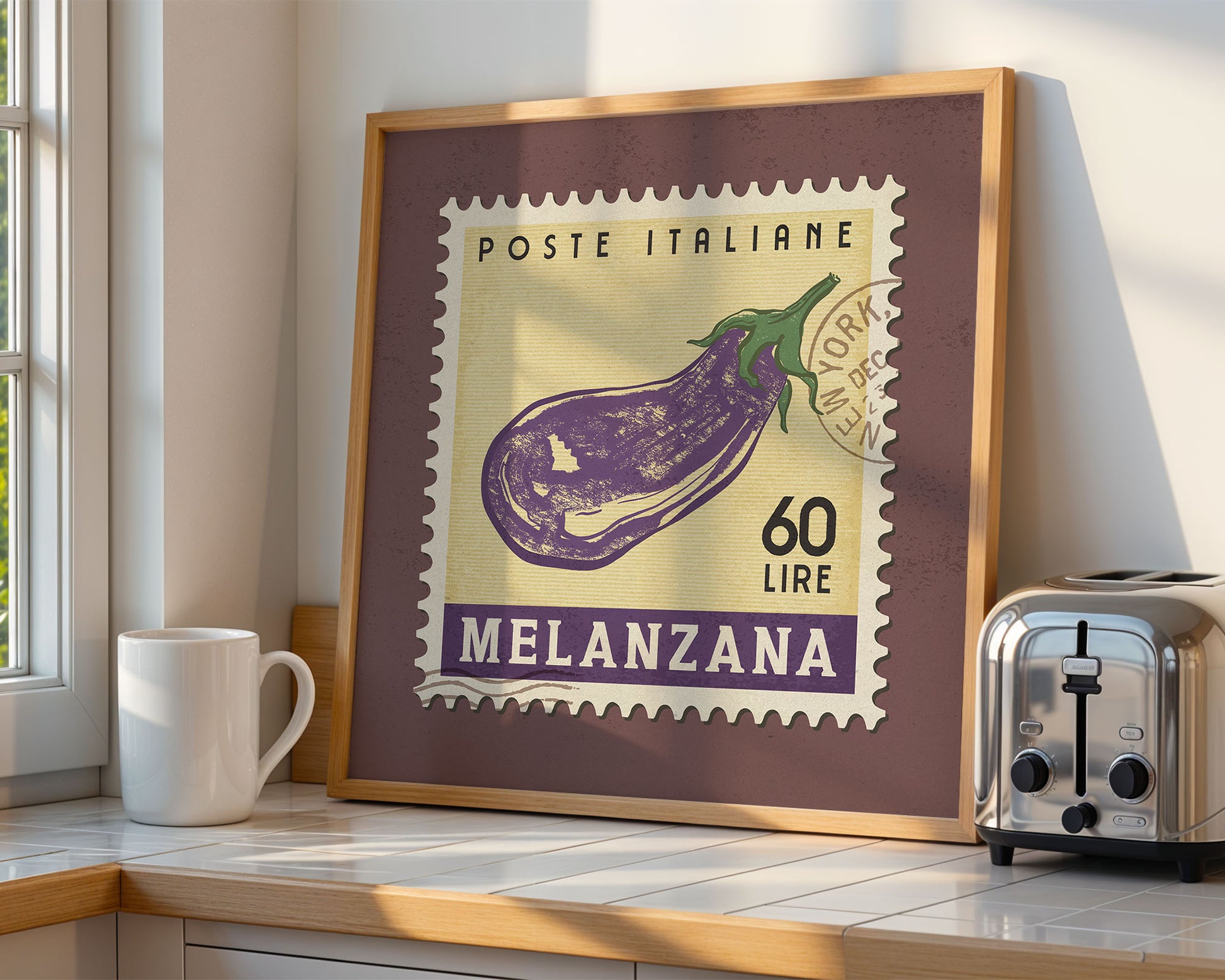 a picture of a purple eggplant on a kitchen counter