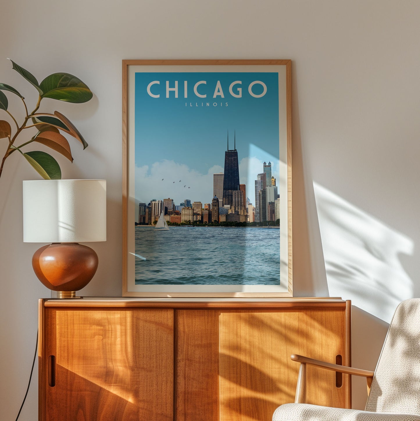 a framed poster of Chicago, Illinois, with a view of the city skyline and water in the background.