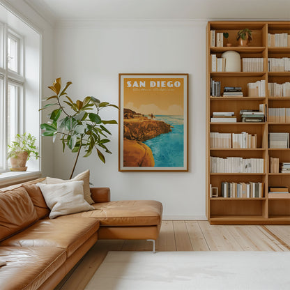 a cozy living room with a large bookshelf filled with books, a comfortable leather couch, and a framed poster of a scenic coastal landscape hanging on the wall.