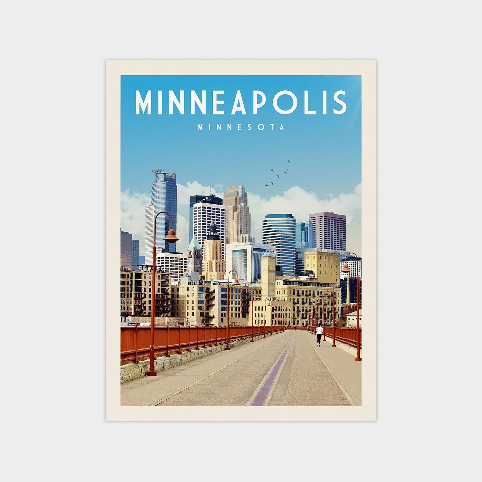 A poster of the Minneapolis skyline, featuring the city's iconic skyscrapers and a bridge.