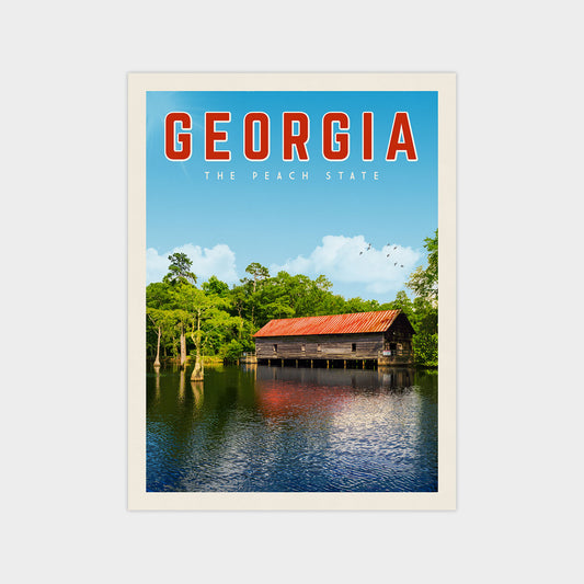 A poster of Georgia featuring a wooden bridge over a lake surrounded by trees and a blue sky with clouds.