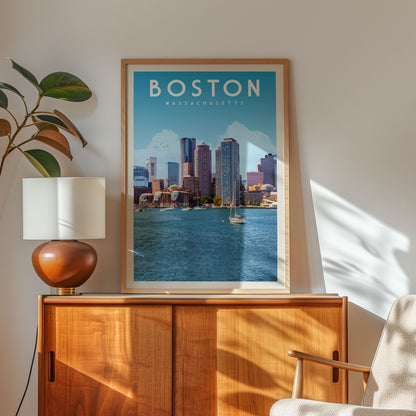 a framed poster of the Boston skyline, with a boat visible in the water below.