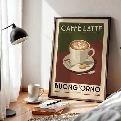 a framed poster of a cup of caffè latte, with a cozy and inviting atmosphere, accompanied by a lamp, a book, and a cup of coffee on a wooden table.