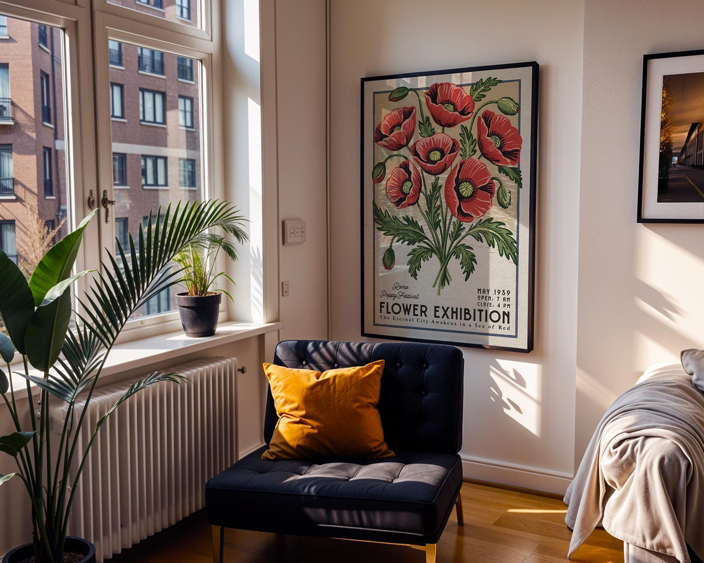 a room with a chair and a poster on the wall