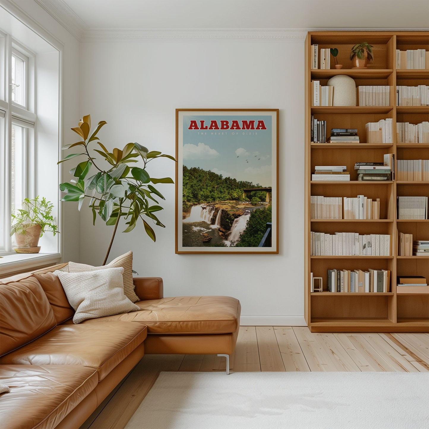 a cozy living room with a large window, a comfortable leather couch, a bookshelf filled with books, and a framed poster of a waterfall in Alabama hanging on the wall.