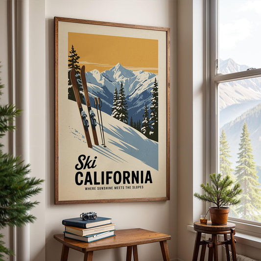 A framed poster of a snowy mountain landscape with skis, hanging on a wall in a room with a window and a small table with books and a plant.