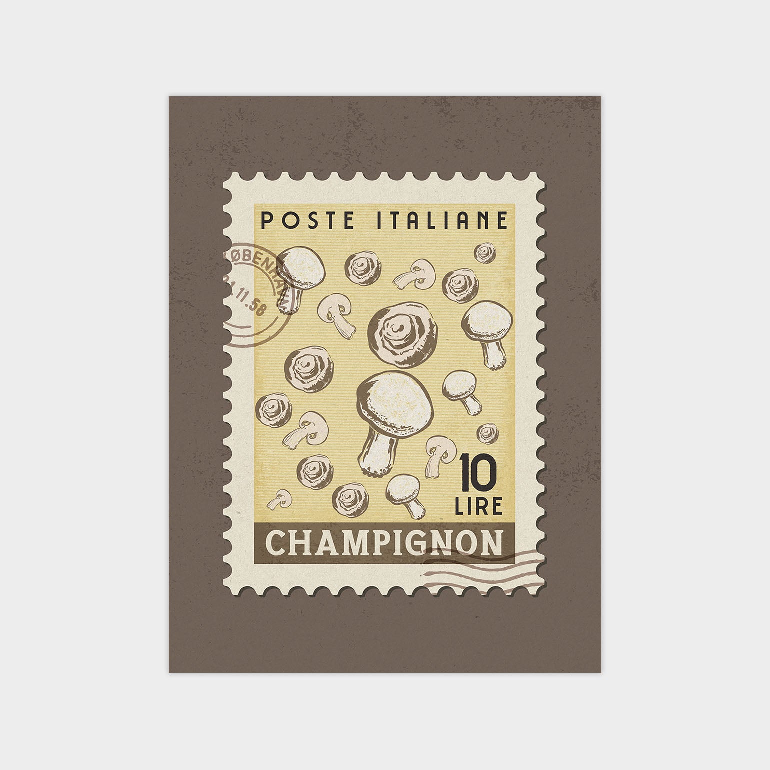 a postage stamp with mushrooms on it