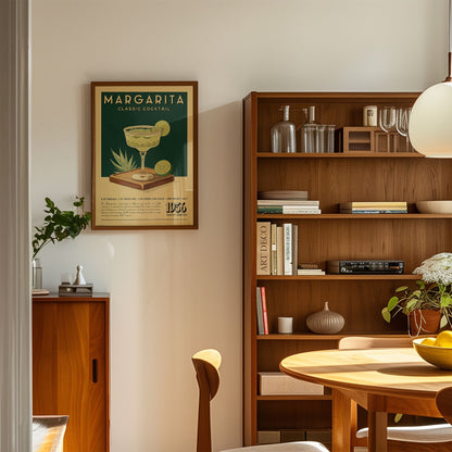 a cozy living room with a framed poster of a margarita glass on the wall, a wooden bookshelf filled with books and decorative items, and a wooden dining table with chairs.