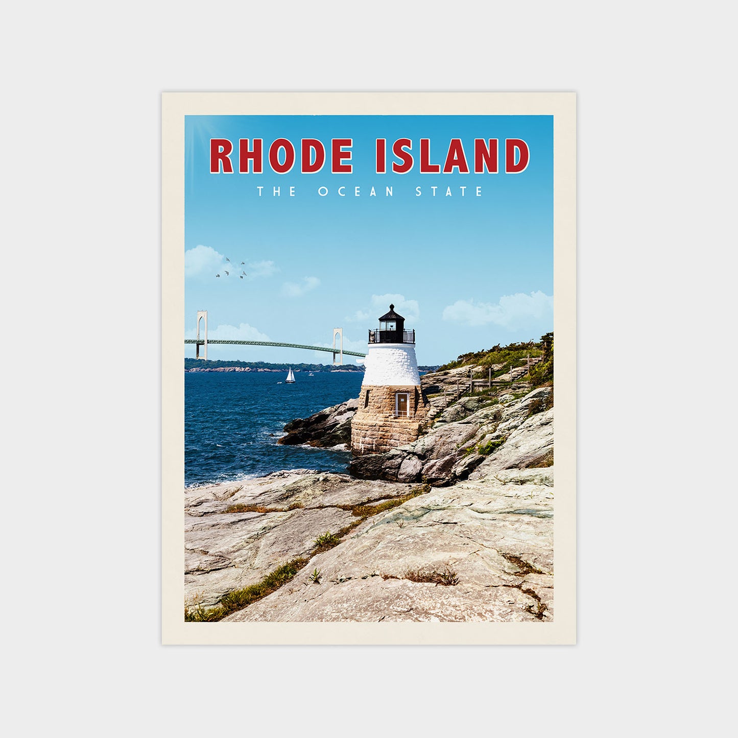 a lighthouse on a rocky coastline, with a bridge in the background and a clear blue sky above.
