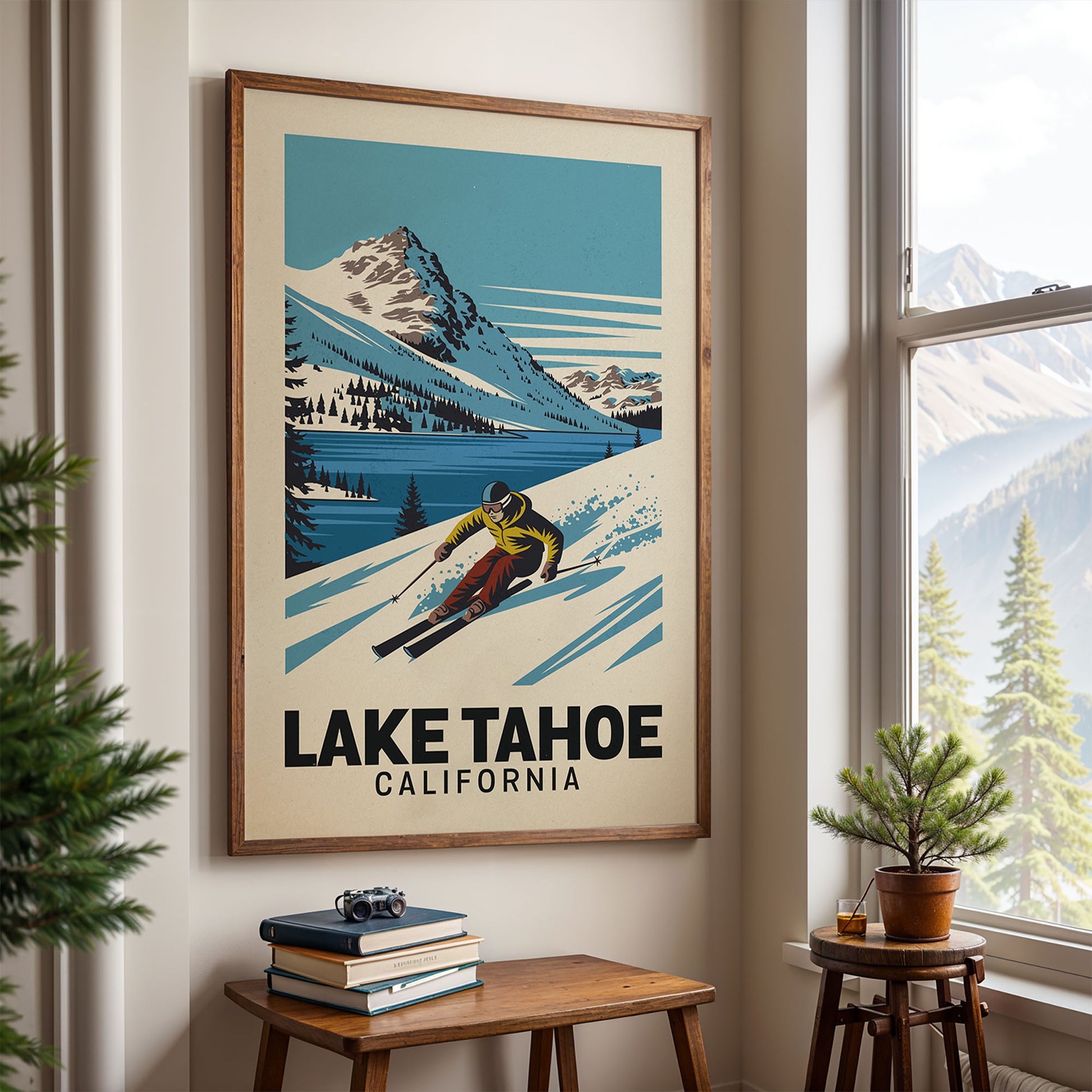 A framed poster of a skier on a snowy mountain, with the text "LAKETAHOE, CALIFORNIA" below the image.