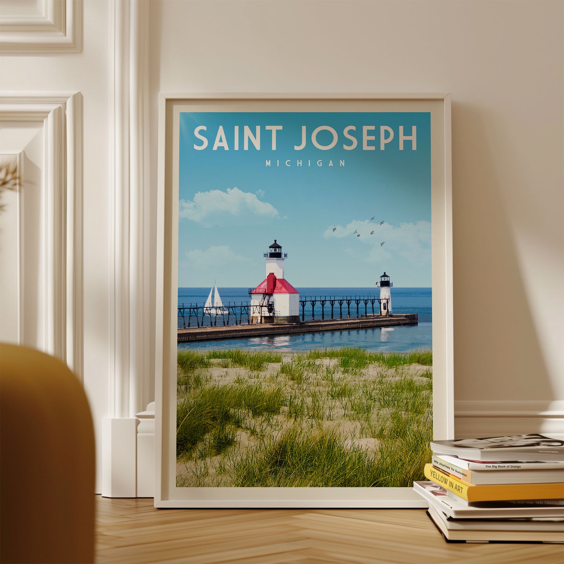 A framed poster of the Saint Joseph Lighthouse in Michigan, featuring a scenic view of the lighthouse and the surrounding landscape.