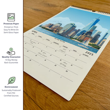 a calendar with a picture of a city on it