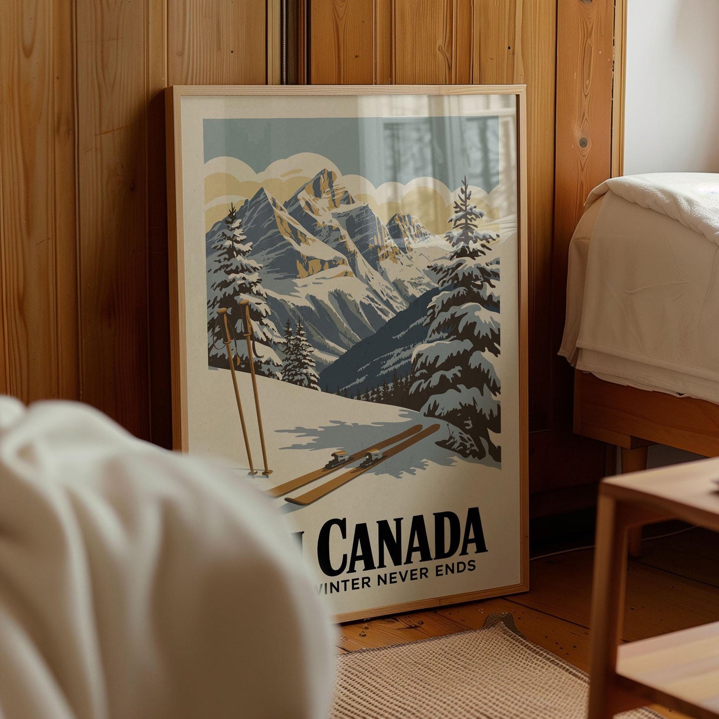 A framed vintage poster of a snowy mountain landscape with skis, depicting a winter scene in Canada.