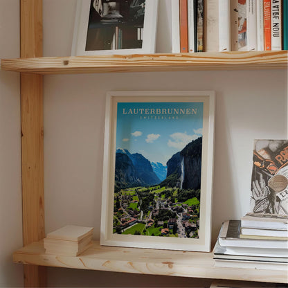a framed poster of a scenic mountain landscape, with the text "Lauterbrunnen" prominently displayed.