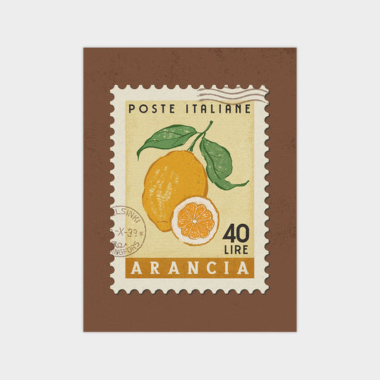 The image is a postage stamp from Arancia, Italy, featuring an illustration of a lemon and a slice of lemon.