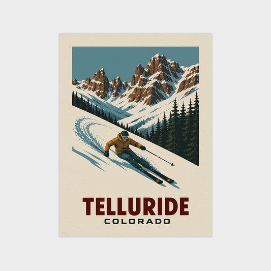 A vintage-style illustration of a skier descending a snowy mountain slope, with the text "Telluride COLORADO" prominently displayed.