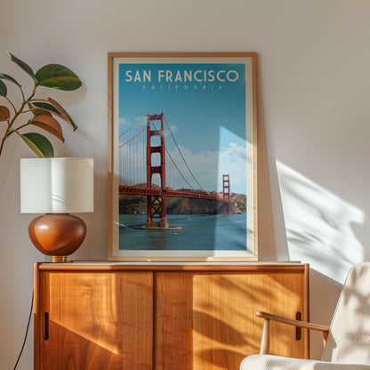 a framed poster of the Golden Gate Bridge in San Francisco, California, hanging on a wall above a wooden cabinet.