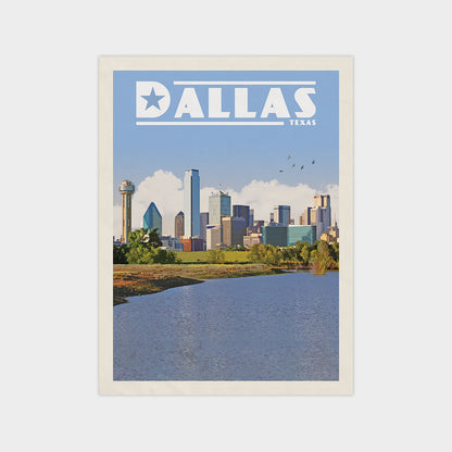 A poster of the Dallas skyline with the city's iconic landmarks, including the Space Needle, against a backdrop of a body of water and a blue sky with a few clouds.