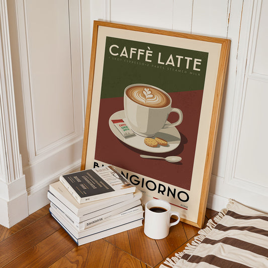 a framed poster of a cup of cappuccino, along with a stack of books and a mug of coffee on a wooden floor.