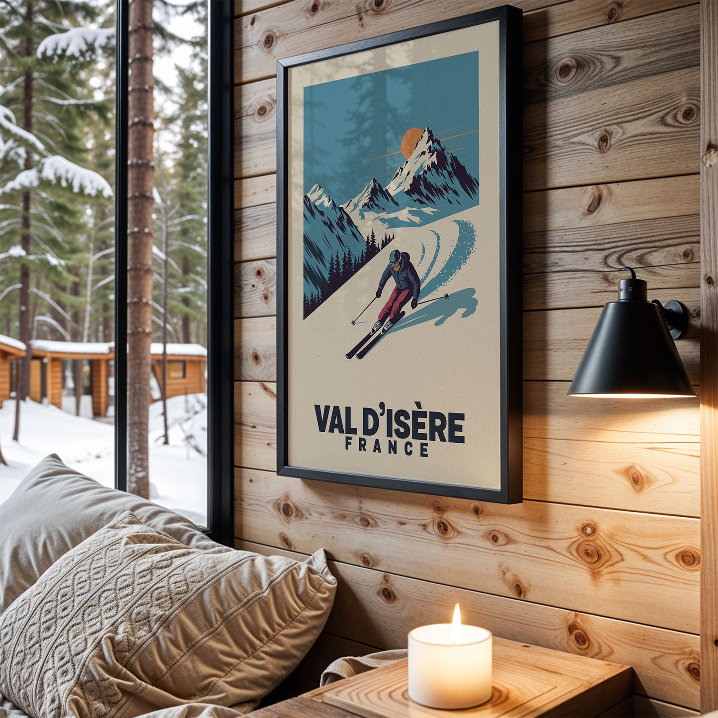 a framed poster of a skier on a snowy mountain, hanging on a wooden wall next to a lamp.