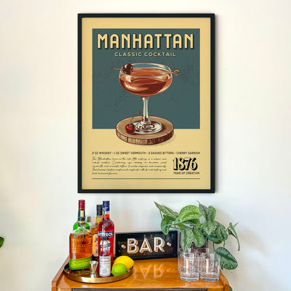 a framed poster of a Manhattan cocktail on a wall above a wooden bar counter with various liquor bottles and glasses.