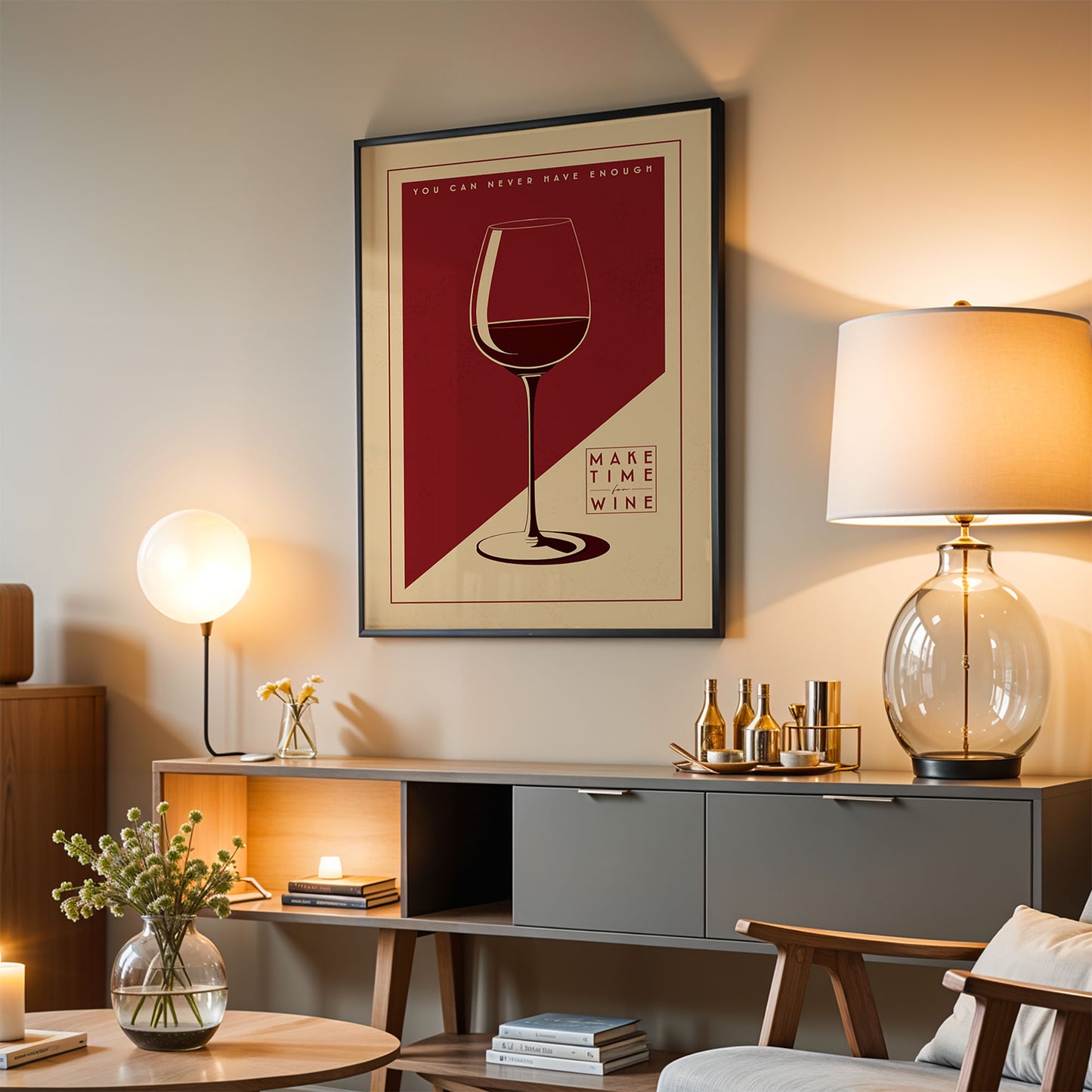 a living room with a framed poster of a wine glass on the wall, a lamp, a coffee table, and a bookshelf.
