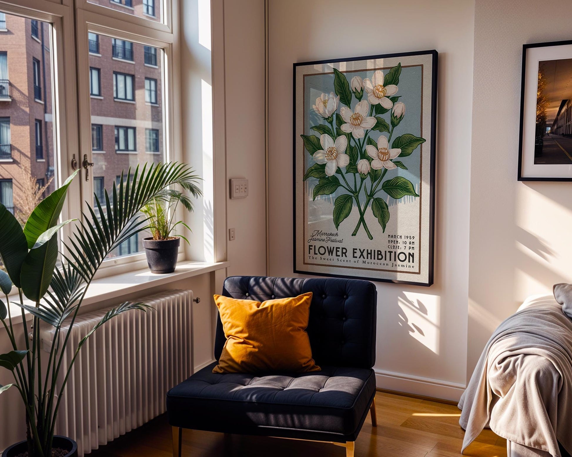 a room with a chair and a poster on the wall
