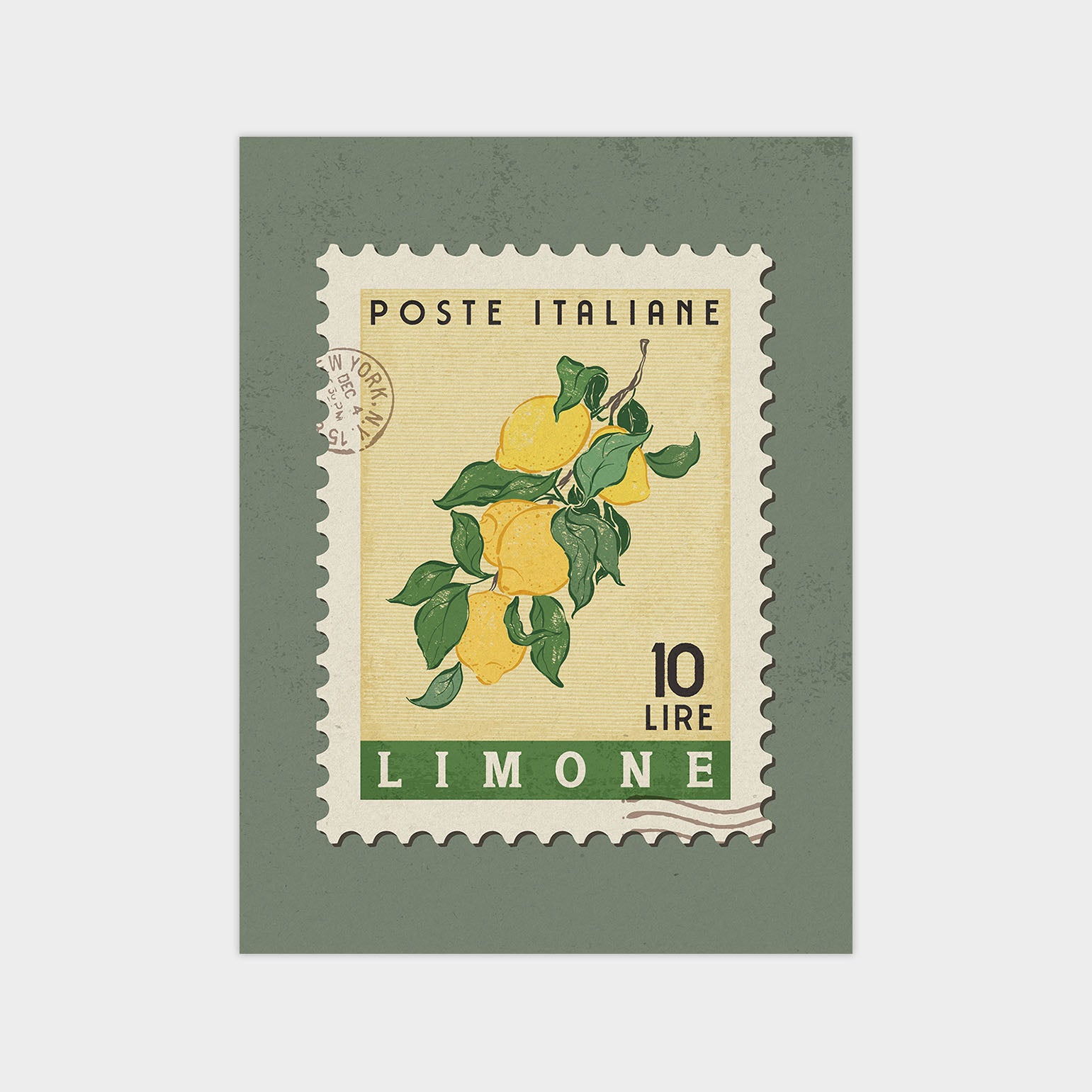 A postage stamp featuring a lemon tree illustration, with the text "POSTE ITALIANE" and "10 LIRE LIMONE" printed on it.