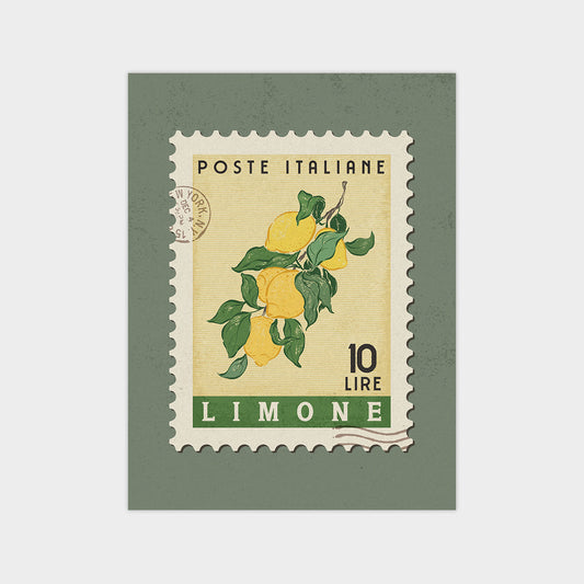 A postage stamp featuring a lemon tree illustration, with the text "POSTE ITALIANE" and "10 LIRE LIMONE" printed on it.