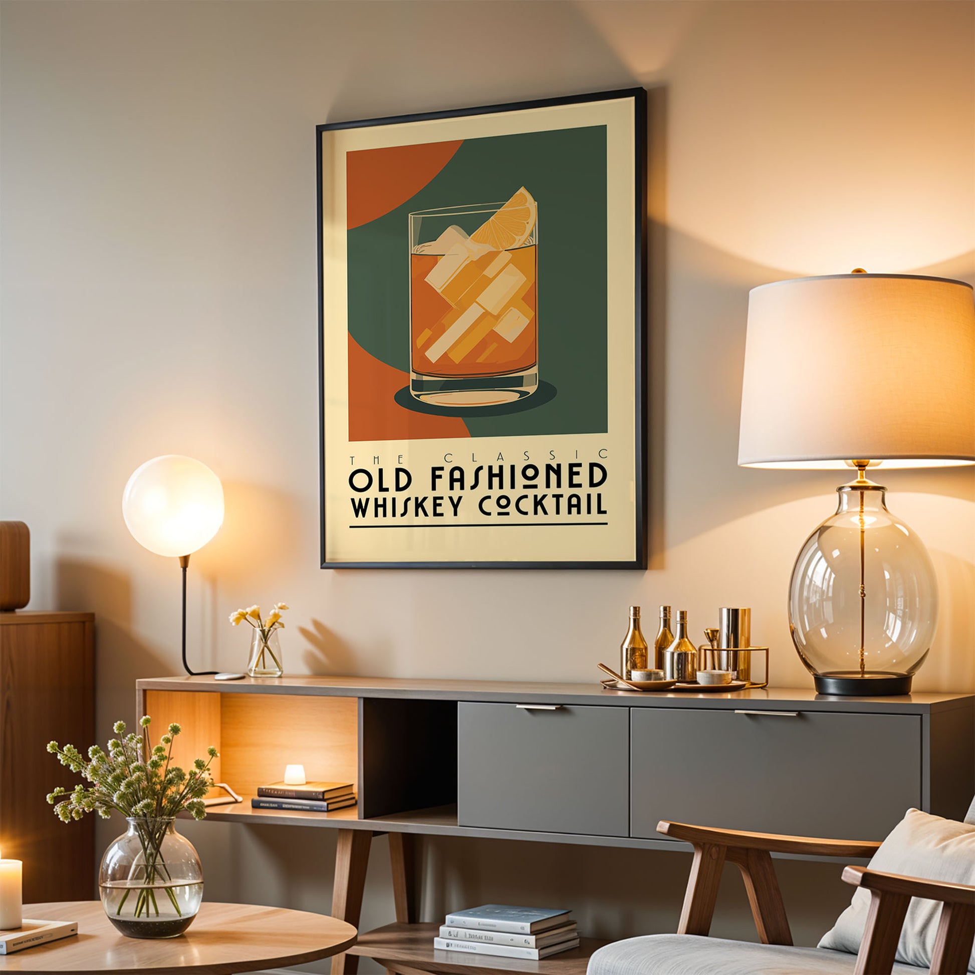 a framed poster of a whiskey cocktail hanging on a wall in a living room setting.
