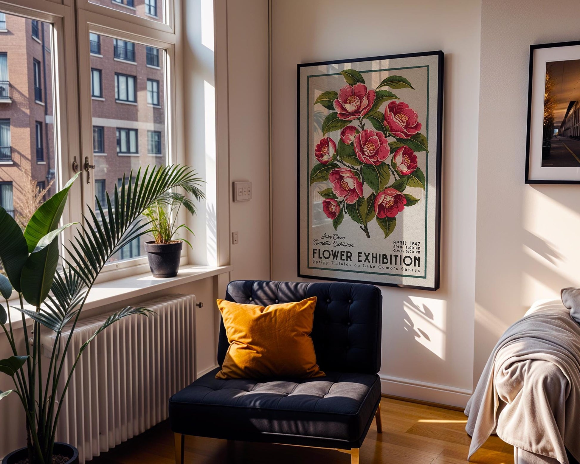 a room with a chair and a poster on the wall