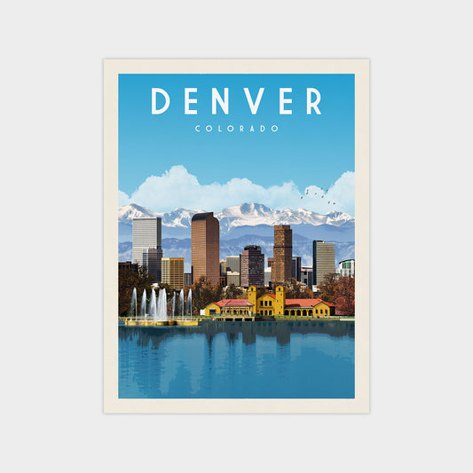 A poster depicting the Denver, Colorado skyline with a body of water in the foreground and mountains in the background.