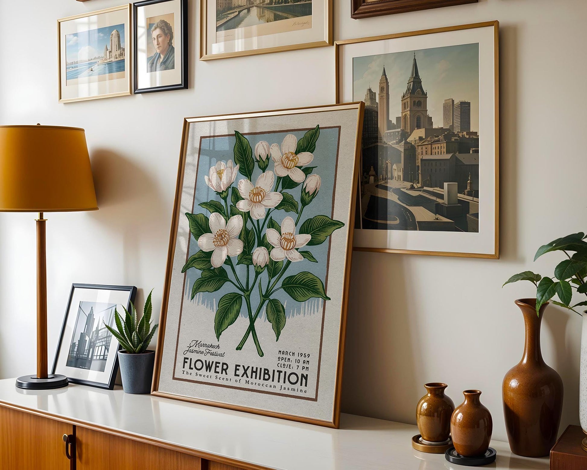 a picture of flowers on a shelf in a room
