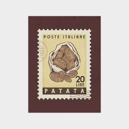 a stamp with a picture of a bag of potatoes