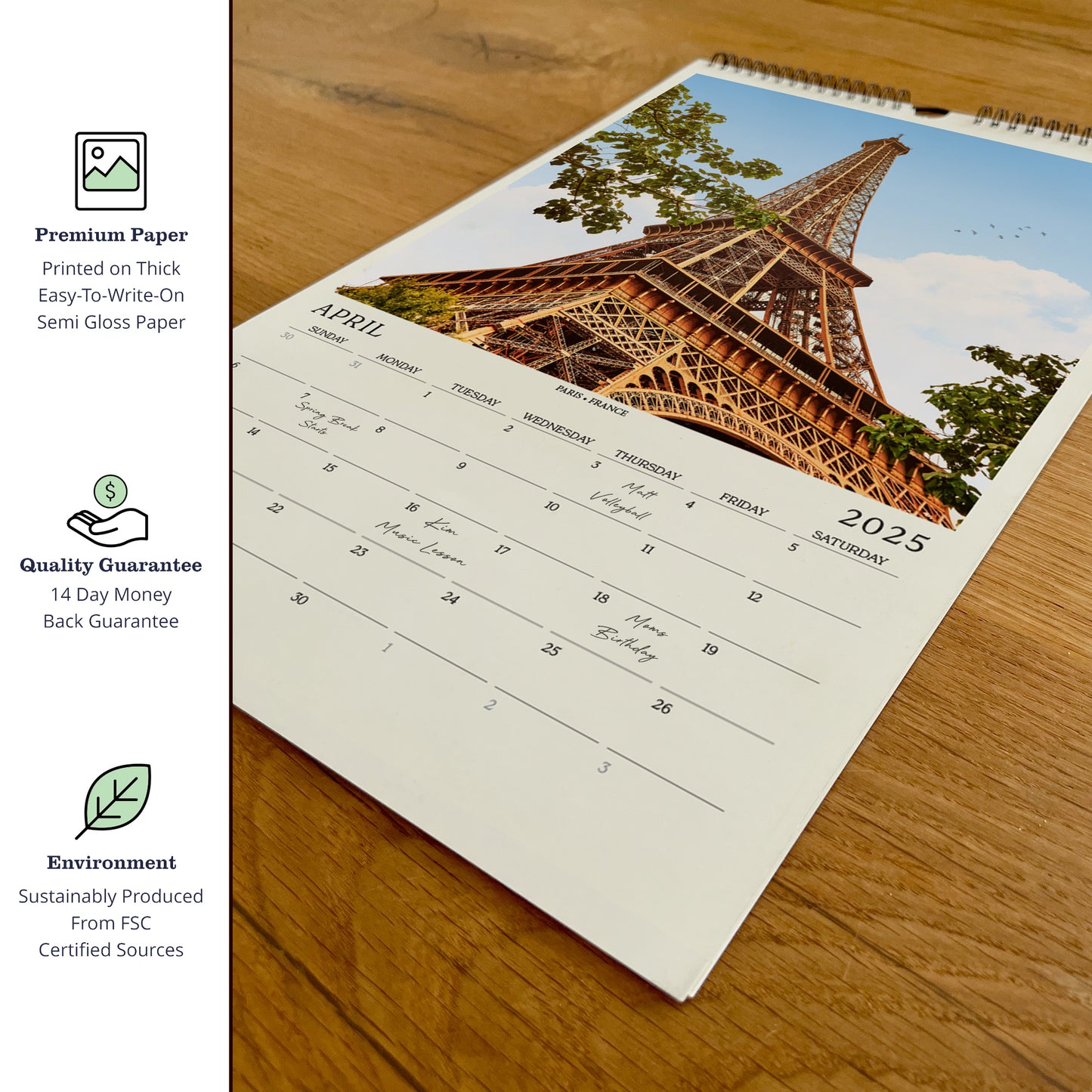 a calendar with a picture of the eiffel tower