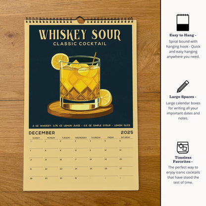 a calendar with a picture of a glass of whiskey