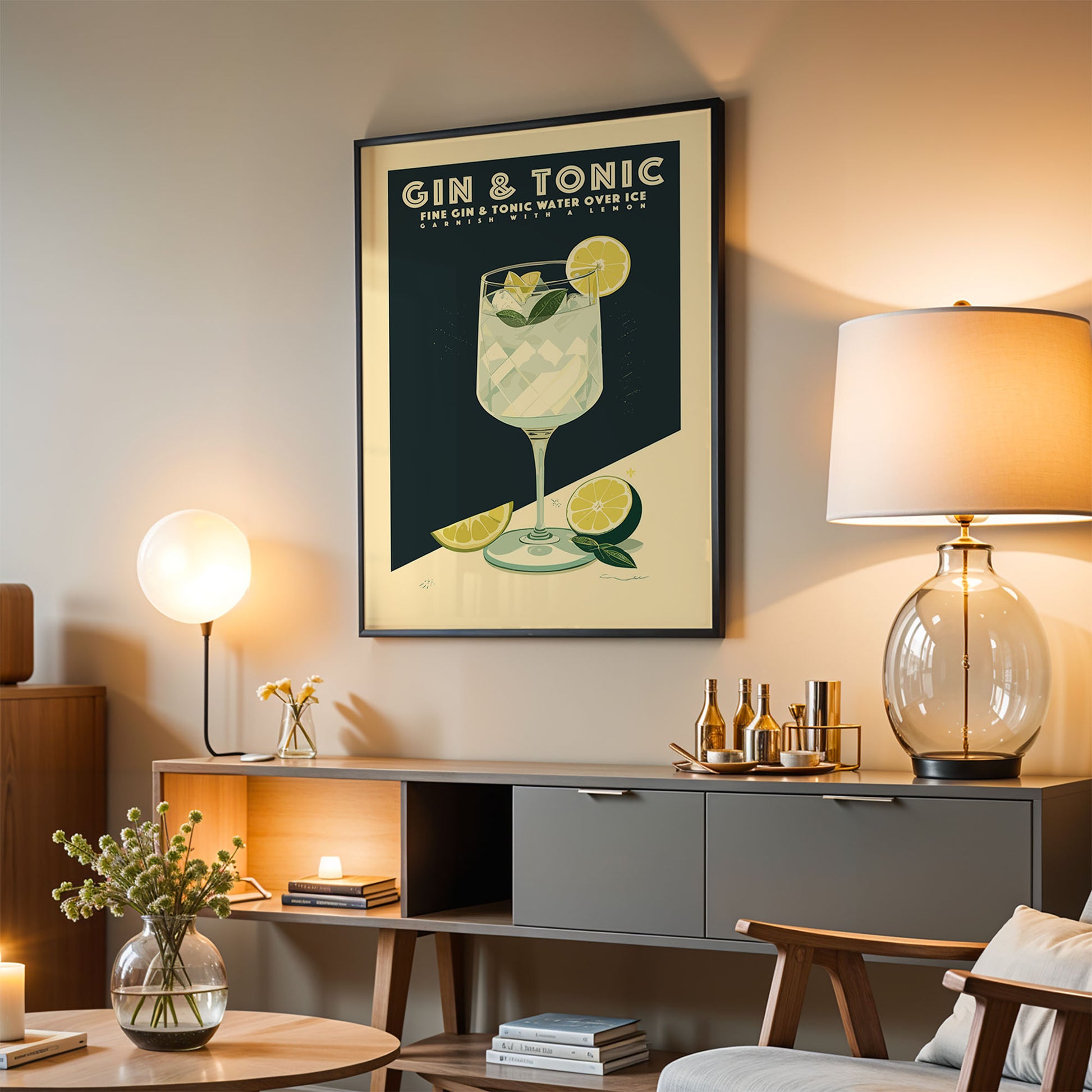 a living room with a framed poster of a gin and tonic drink hanging on the wall. The poster has a glass of the drink and lemon slices on it. The room also includes a lamp, a bookshelf, and a vase with flowers.