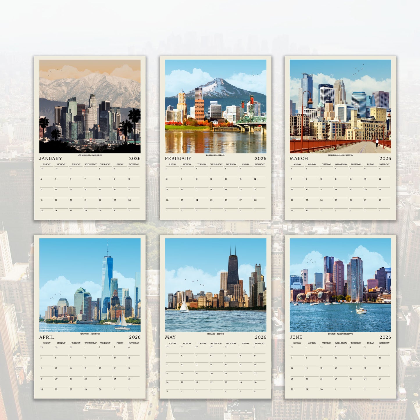 The image is a collage of six calendar pages featuring various cityscapes and landmarks, including skyscrapers, mountains, and bodies of water.