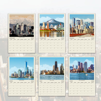 The image is a collage of six calendar pages featuring various cityscapes and landmarks, including skyscrapers, mountains, and bodies of water.